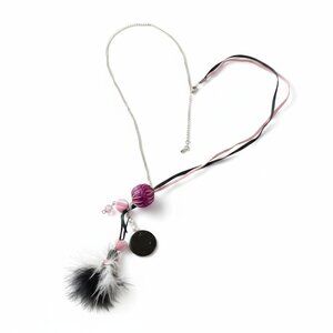 CREATION - Long Opera Pink with B&W Necklace - heart beads, feather, felt ball